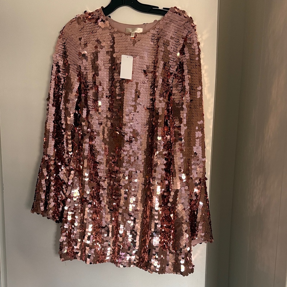 LoveShackFancy Rose Gold Sequin Long Sleeve Dress